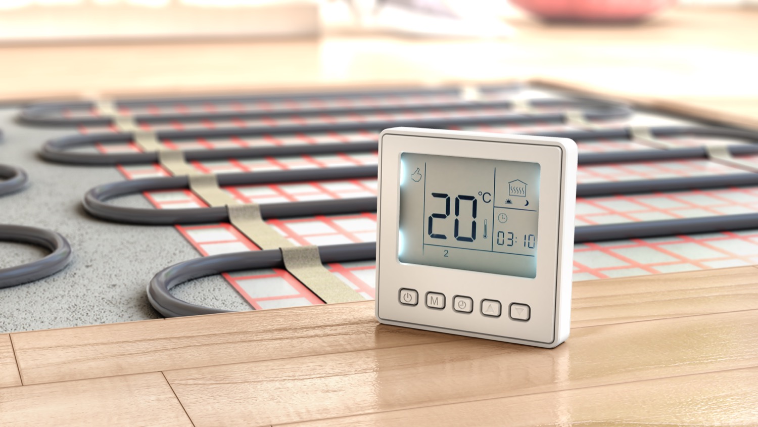 Un thermostat sur le plancher, à côté d'un système de chauffage de plancher par rayonnement exposé. 