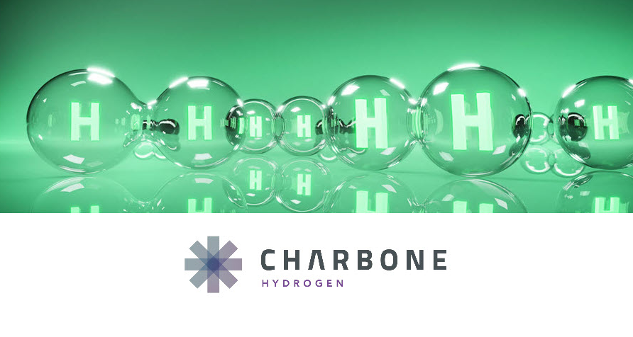 Logo de CHARBONE Hydrogen sous un élément visuel d’hydrogène vert.