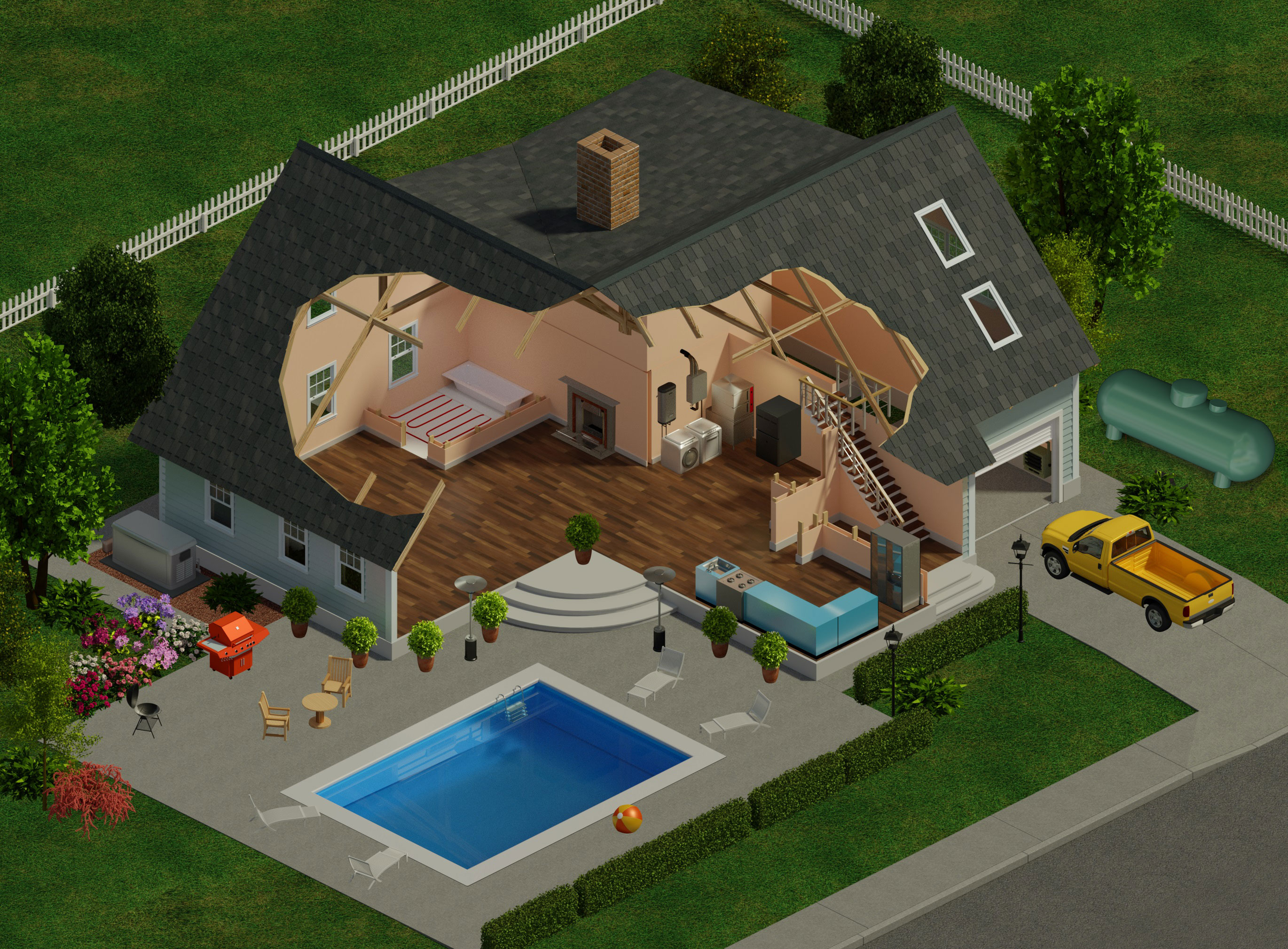 Version animée d'une résidence pour présenter toutes les utilisations du propane à l'intérieur comme à l'extérieur.