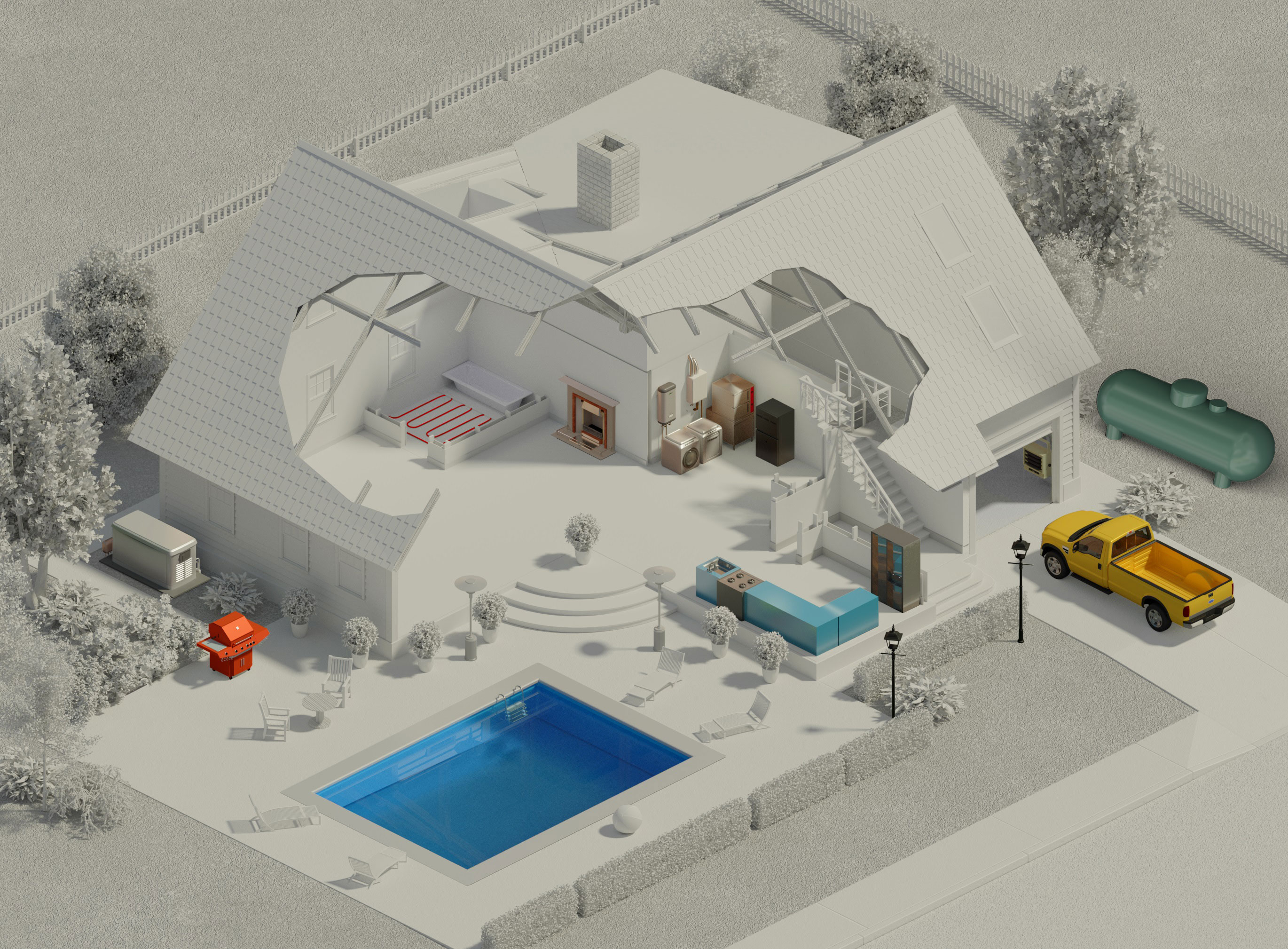 Une vue de l'intérieur et de l'extérieur d'une maison, présentant les nombreuses applications résidentielles du propane