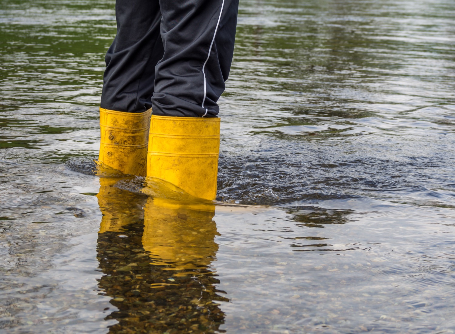 Homme portant des bottes jaunes et debout dans l'eau, à hauteur de chevilles.