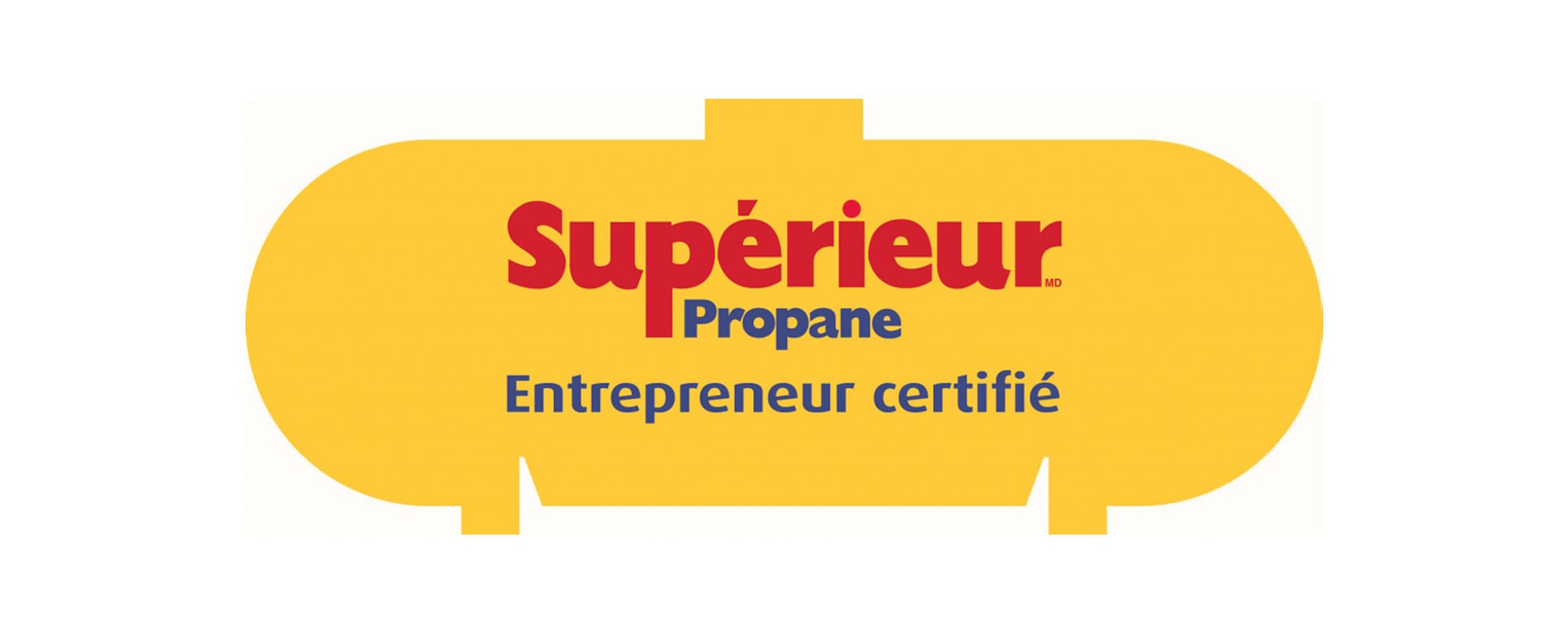 Réservoir de propane jaune avec logo de Supérieur Propane pour indiquer entrepreneurs partenaires certifiés