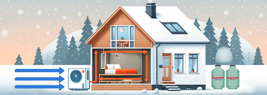 graphique d’une thermopompe réchauffant l’air froid et distribuant de l’air chaud à l’intérieur